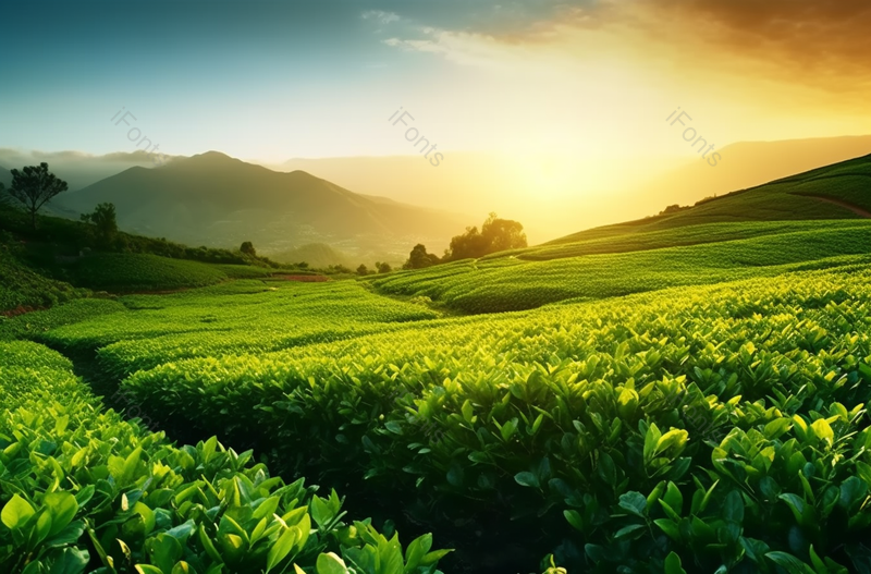 日出日落时分阳光照亮绿色的茶园茶树枝繁叶茂田园风光无人场景图像摄影,高清,摄影图,摄影图片,图片大全,摄影图免费下载